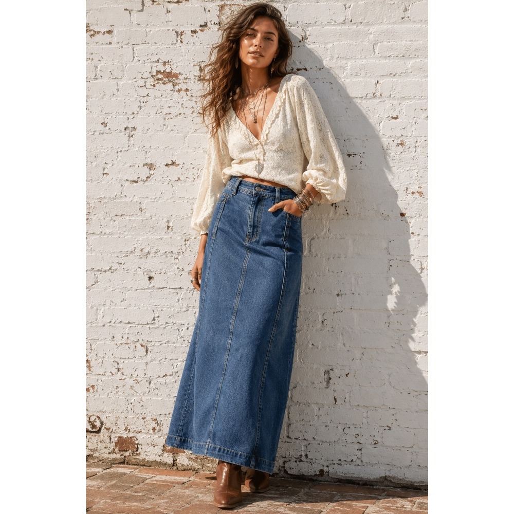 Liz Wear Denim Maxi Skirt A-Line High Waist Long Jean Vintage 90s Skirt 8